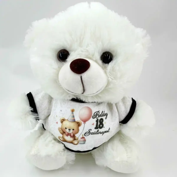 Plüss fehér Maci 25 cm – Boldog 18. Szülinapot