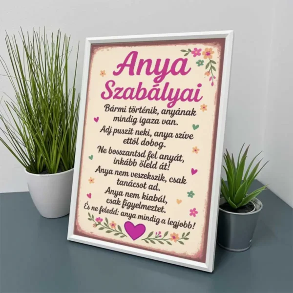 Vicces Kép Kerettel 21×30 cm – Anya Szabályai
