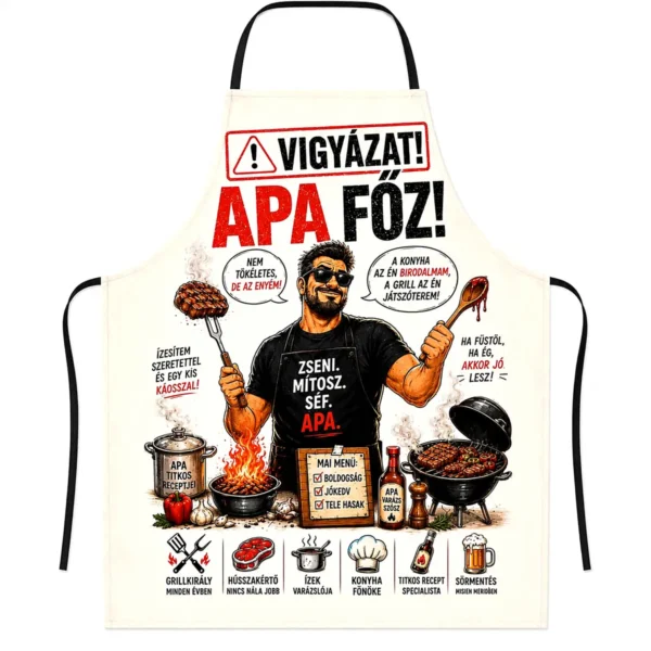 Vicces Kötény – Vigyázat Apa Főz – 50×70 cm