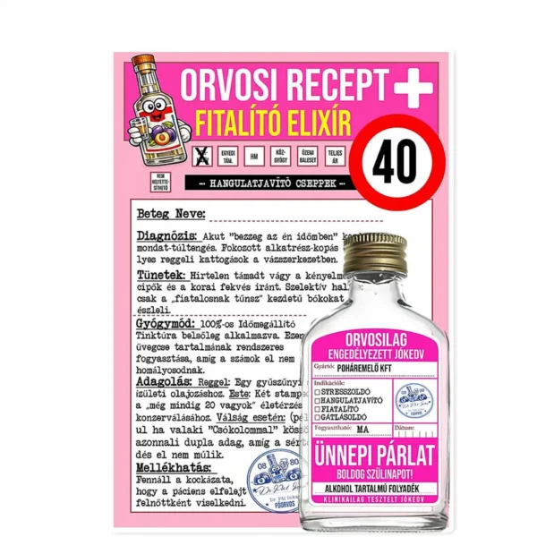 Vicces Orvosi Recept + Laposüveg – Fiatalító Elixír 40 éveseknek