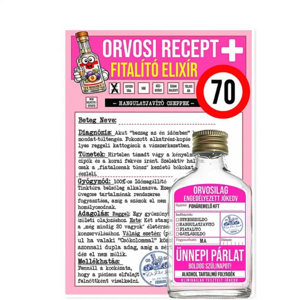 Vicces Orvosi Recept + Laposüveg – Fiatalító Elixír 70 éveseknek