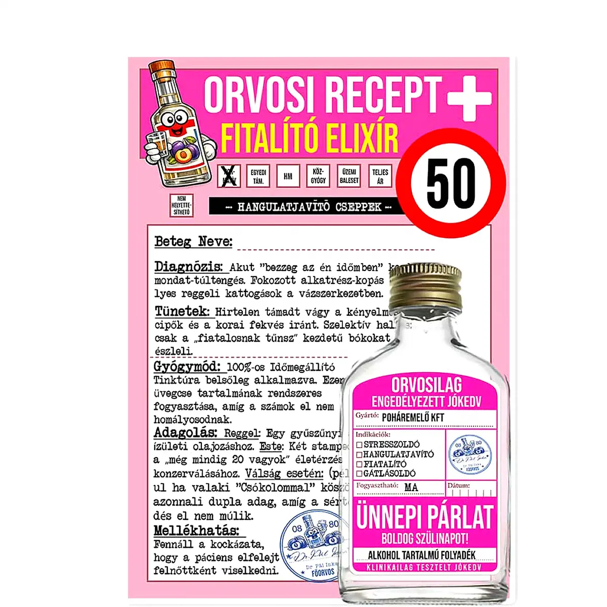 Vicces Orvosi Recept + Laposüveg – Fiatalító Elixír 50 éveseknek
