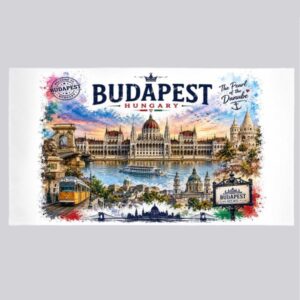 Budapest törölköző 50×100 cm – Magyar szuvenír Budapest látványosságokkal – Hungary ajándék