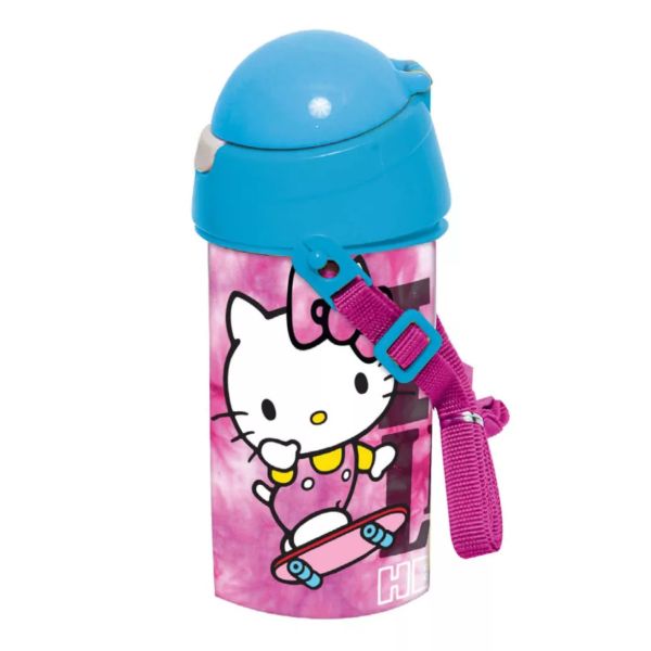 Hello Kitty Skateboard műanyag szívószálas kulacs akasztóval 500 ml – BPA‑mentes – Gyerek kulacs