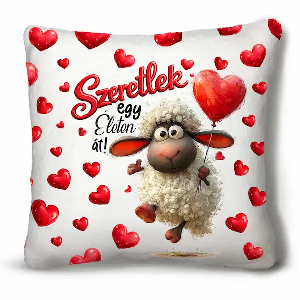 Plüss díszpárna 45×45 cm Szeretlek egy életen át felirattal bárányos mintával – Valentin napi ajándék