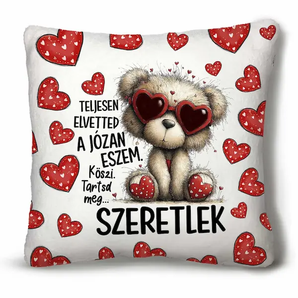 Plüss díszpárna 45×45 cm Teljesen elvetted a józan eszem felirattal macis mintával – Valentin napi ajándék