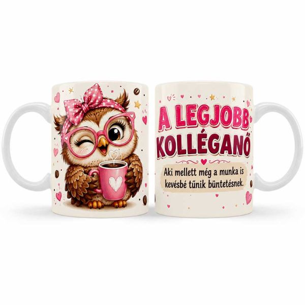 Vicces kolléganő bögre – A legjobb kolléganő aki mellett még a munka is – Baglyos grafikával – Ajándék kolléganőnek