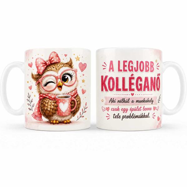 Vicces kolléganő bögre – Legjobb kolléganő aki nélkül a munkahely – Kávés bagoly grafikával – Ajándék kolléganőnek