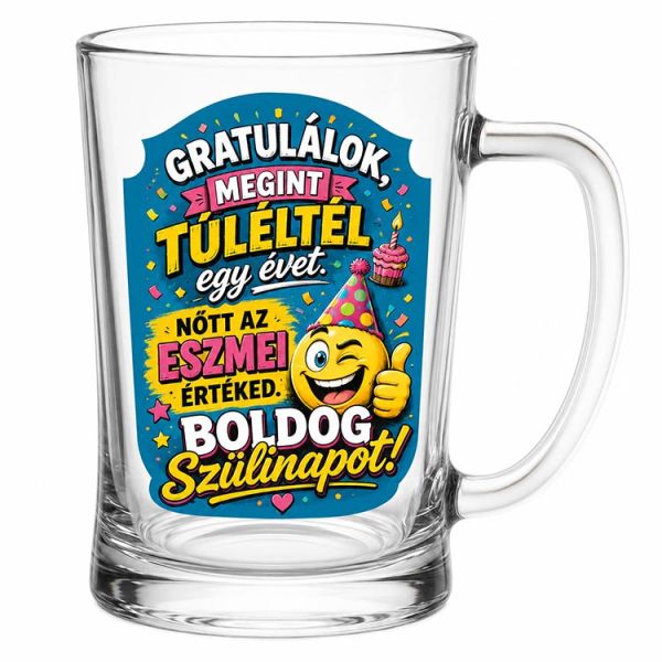Vicces születésnapi söröskorsó 500 ml – Gratulálok megint túléltél egy évet felirattal – Humoros ajándék születésnapra