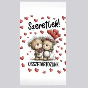 Szerelmes törölköző 50×100 cm Szeretlek Összetartozunk felirattal – Macis Valentin napi ajándék