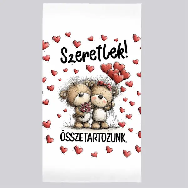 Szerelmes törölköző 50×100 cm Szeretlek Összetartozunk felirattal – Macis Valentin napi ajándék