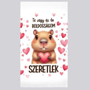 Szerelmes törölköző 50×100 cm Te vagy az én boldogságom felirattal – Kapibarás Valentin napi ajándék